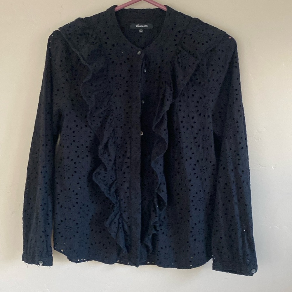 Madewell Black Eyelet Lace Ruffle Blouse Size S